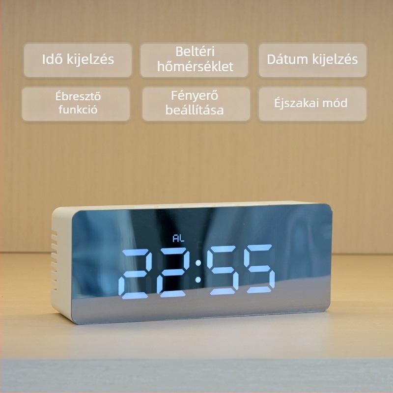 Multifunkcionális LED tükrös digitális ébresztőóra — ébresztő, hőmérő és naptár, asztali modell, hálózatról vagy akkumulátorról működik