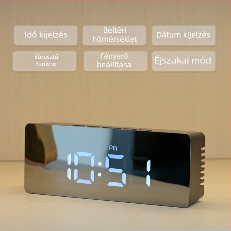 Multifunkcionális LED tükrös digitális ébresztőóra — ébresztő, hőmérő és naptár, asztali modell, hálózatról vagy akkumulátorról működik