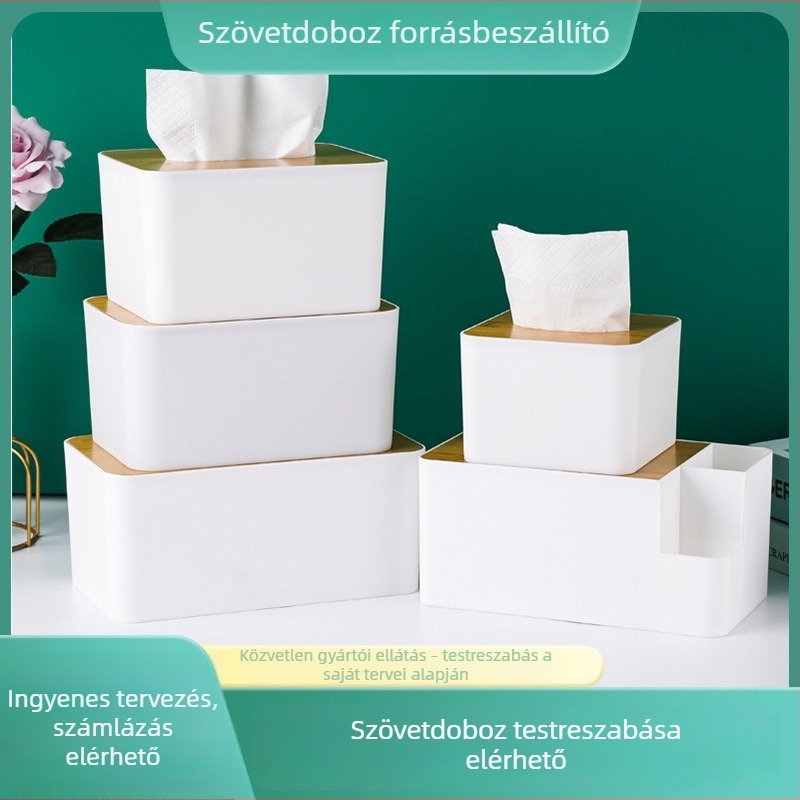 Plasztik reklám zsebkendő-doboz logónyomtatással, bambusz fedéllel, ajándék ötlet ingatlanközvetítőknek, éttermeknek és szállodáknak