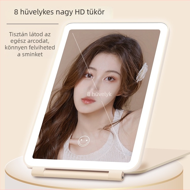 LED sminktükör világítással, hordozható, összecsukható asztali tükör