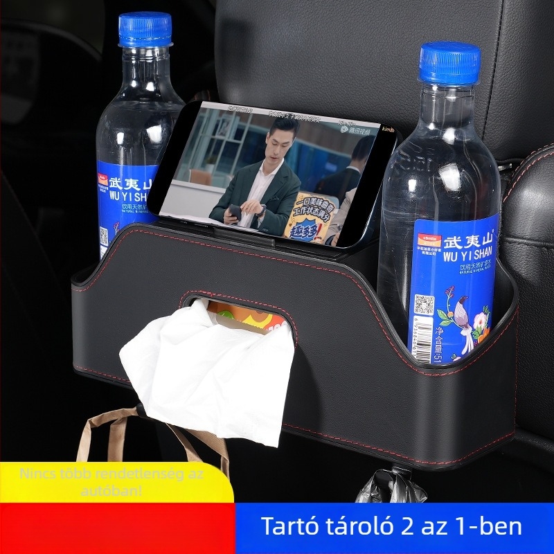 Autó hátsó ülés hátoldalára szerelhető többfunkciós tároló, zsebkendő-doboz és pohártartóval