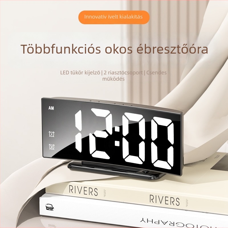 Ívelt LED-digitális óra nagy kijelzővel és tükrös kijelzővel, asztali ébresztőóra hőmérővel