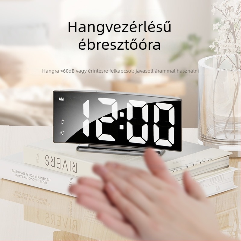 Ívelt LED-digitális óra nagy kijelzővel és tükrös kijelzővel, asztali ébresztőóra hőmérővel