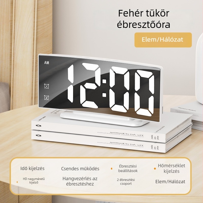 Ívelt LED-digitális óra nagy kijelzővel és tükrös kijelzővel, asztali ébresztőóra hőmérővel