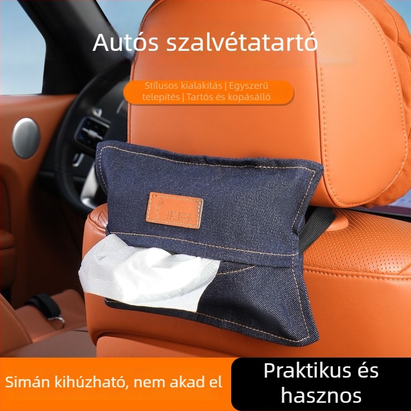 Autóba való denim-stílusú papírzsebkendő tartó, akasztható