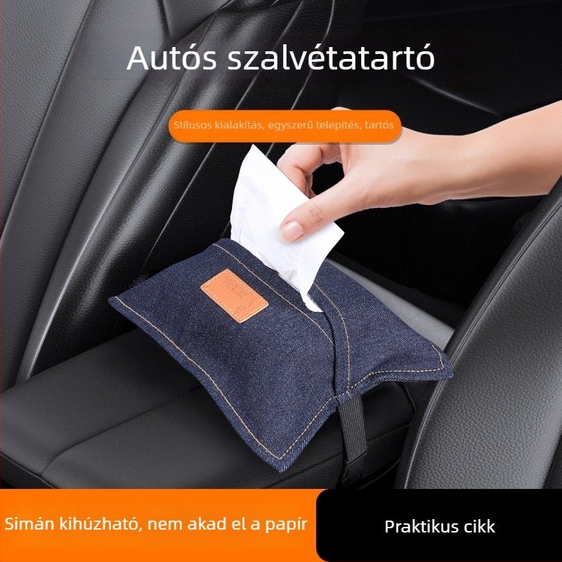Autóba való denim-stílusú papírzsebkendő tartó, akasztható