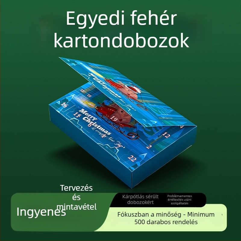 Felfelé nyíló ajándékdoboz személyre szabott csomagolással, luxus butik minőségű ajándékdoboz, üres doboz logónyomtatással kis tételben