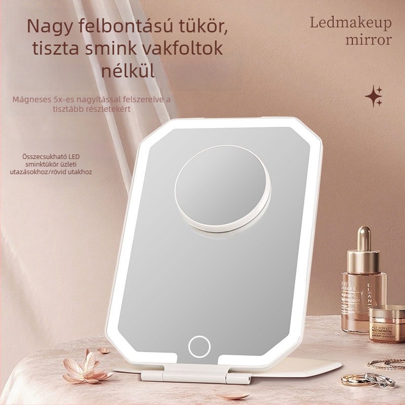 Okos LED-sminktükör fedéllel, hordozható, összecsukható tükör érintésre működik, hálószoba