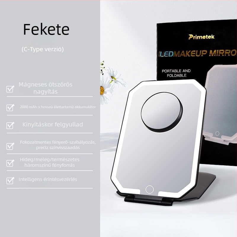 Okos LED-sminktükör fedéllel, hordozható, összecsukható tükör érintésre működik, hálószoba