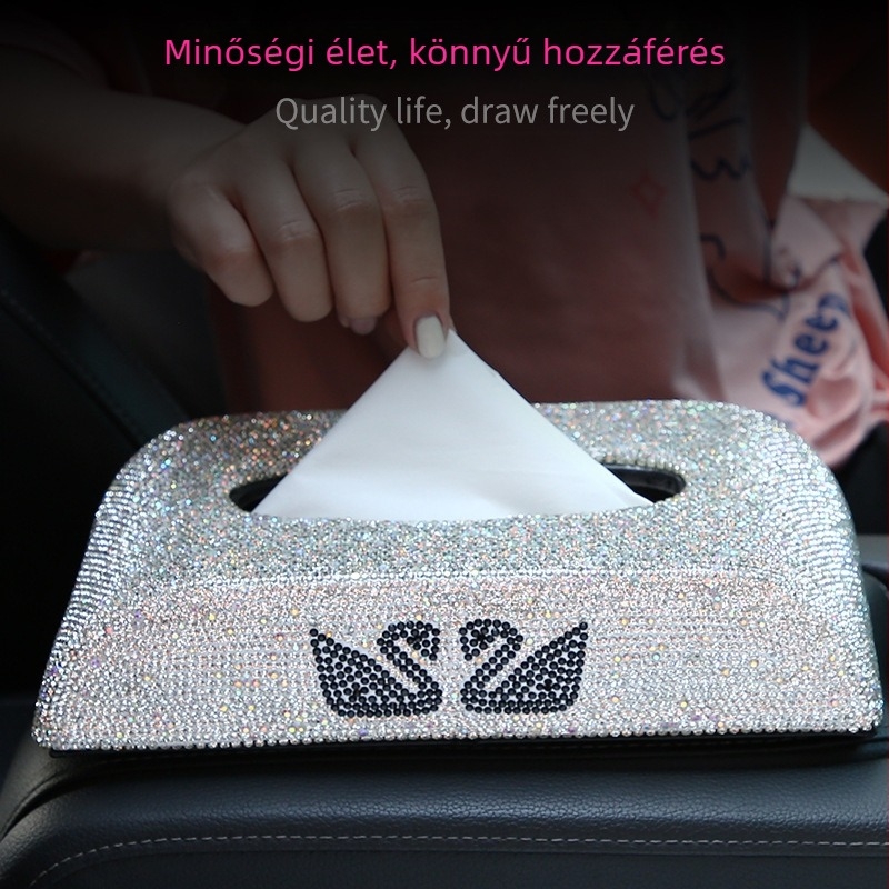 Autóba szerelt zsebkendő tartó gyémántokkal díszített, kettős hattyú motívummal, belső dekoráció