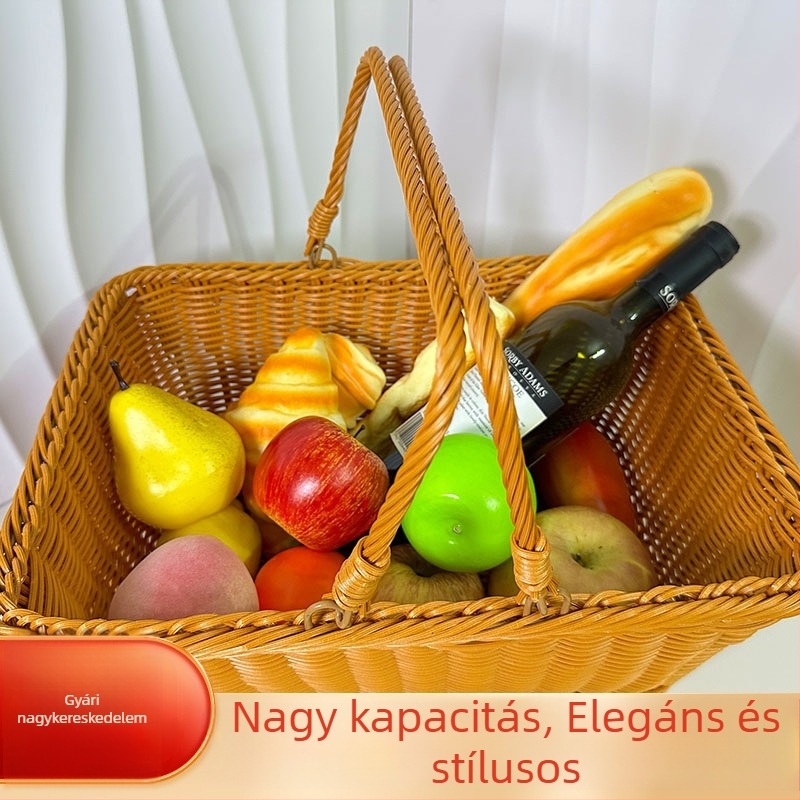 PP anyagú, imitált rattan fonott kosár, kézzel készített, kültéri piknikhez, tároláshoz és gyümölcsöknek, tojáskék