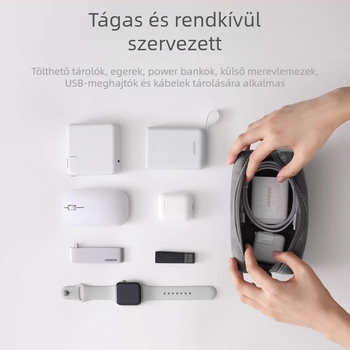 PU kocka alakú töltő- és technikai kiegészítő tároló táska utazáshoz, hely a power banknak, USB‑meghajtónak, egérnek, kábeleknek és kozmetikumoknak