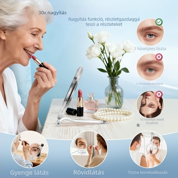 Kettős oldalú, összecsukható asztali sminktükör 10x–50x nagyítással, HD minőség