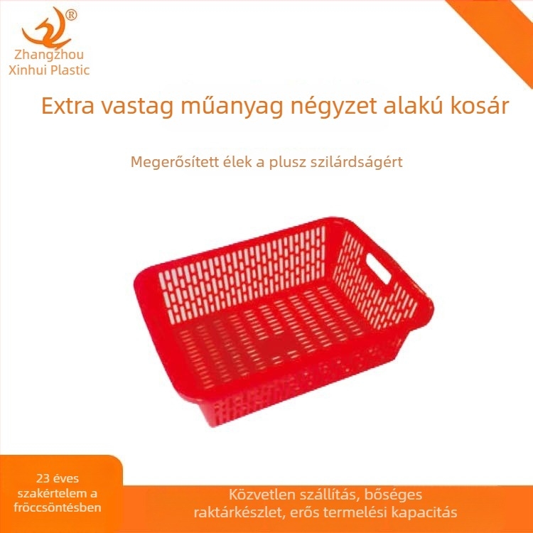 Műanyag tárolókosár lefolyónyílásokkal, négyszögletes szita dizájnnal, mosáshoz és rendszerezéshez