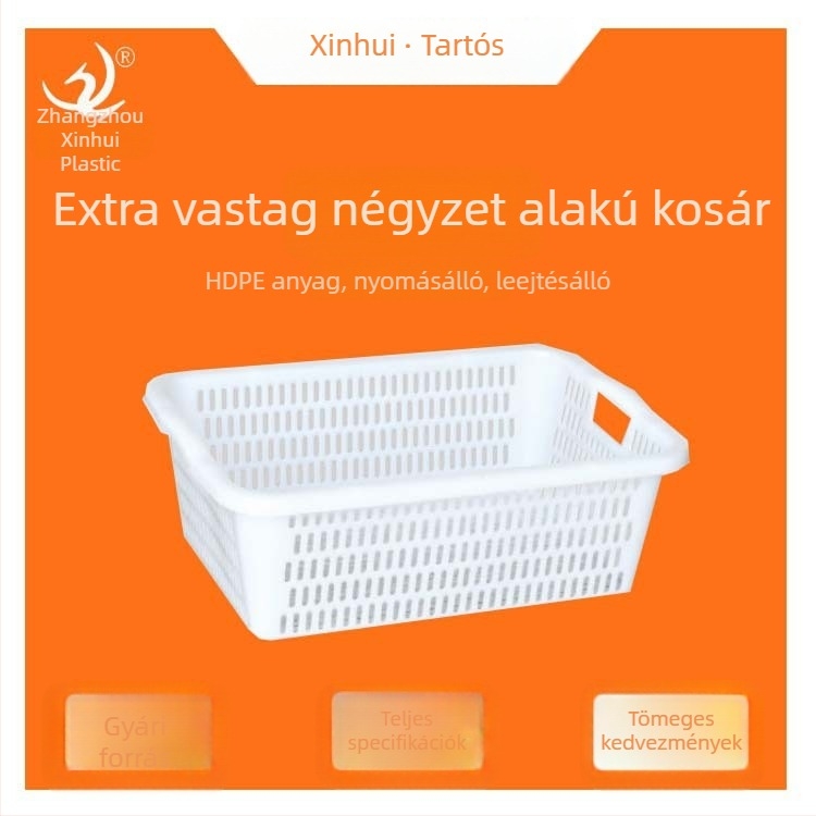 Műanyag tárolókosár lefolyónyílásokkal, négyszögletes szita dizájnnal, mosáshoz és rendszerezéshez