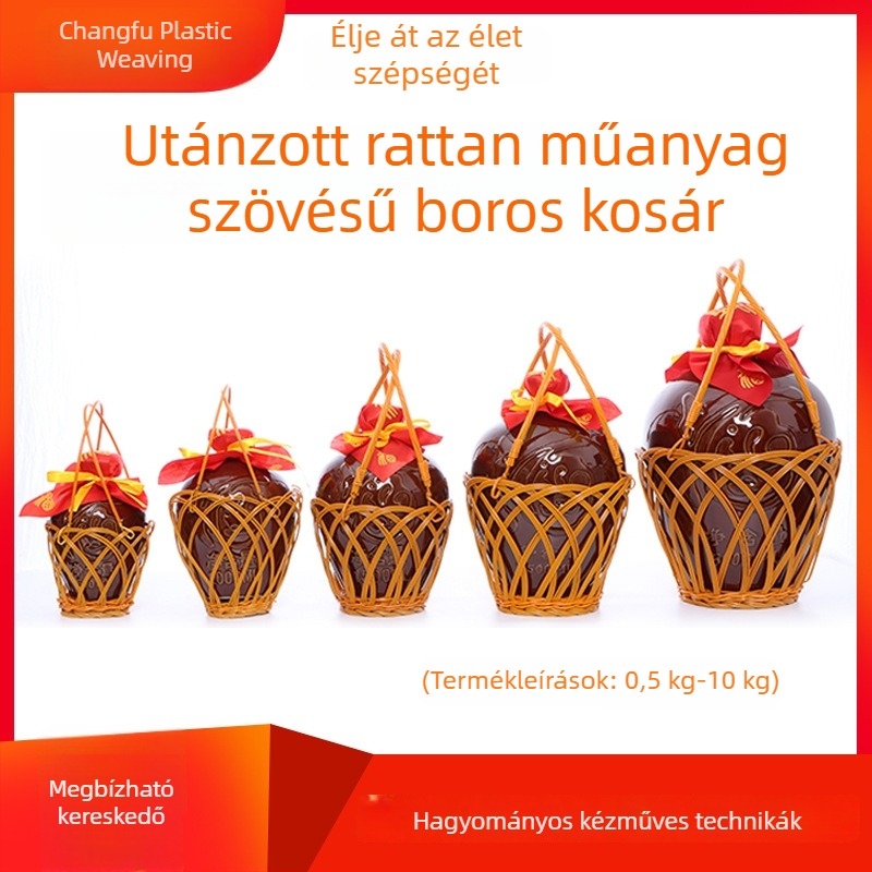 Műanyagból készült, rattan utánzatú, kézzel font boros kosár, szállodák és éttermek számára, sávosan fonott