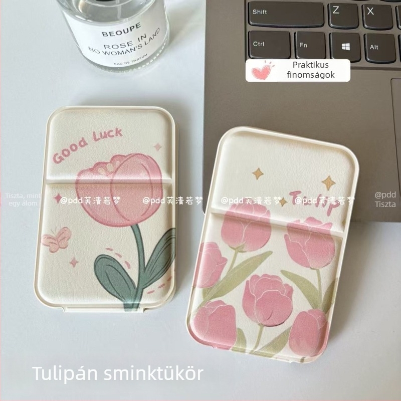 Összecsukható HD asztali sminktükör állvánnyal, hordozható kollégiumi szobai sminktükör, tulipán mintájú