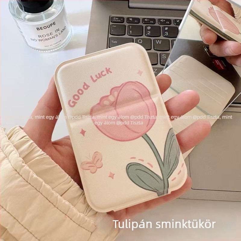 Összecsukható HD asztali sminktükör állvánnyal, hordozható kollégiumi szobai sminktükör, tulipán mintájú