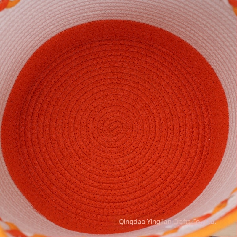 Kerek pamutszálas tárolókosár, két tónusú narancs és fehér, szőtt rendező fehérneműknek, zokniknak és piszkos ruháknak