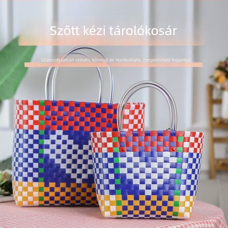 Kézzel szőtt női szív alakú kézitáska, színes dizájn, nagy kapacitású bevásárló- és tároló