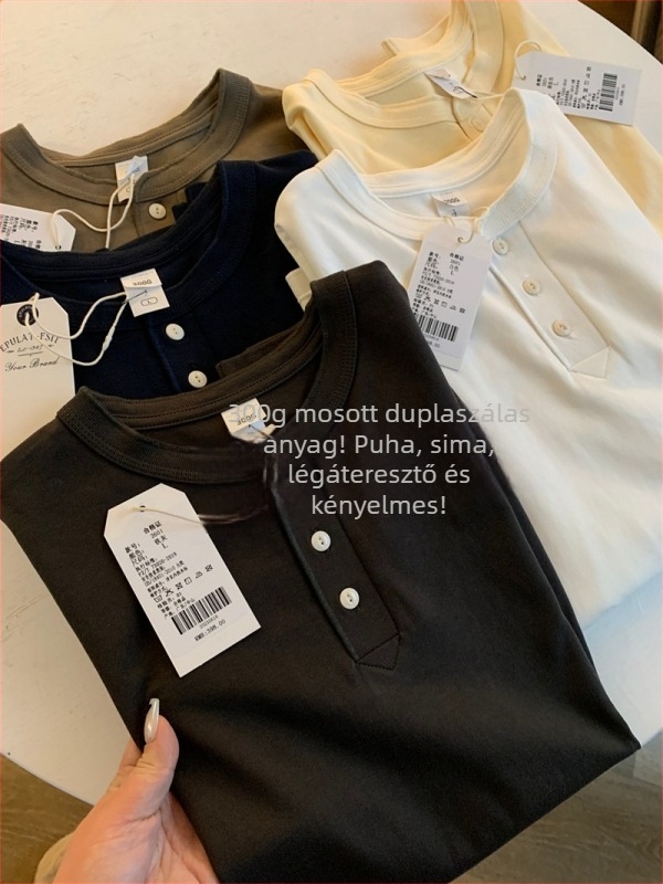 Férfi hosszú ujjú póló Henley gallérral, khaki retro, egyszínű, pamut