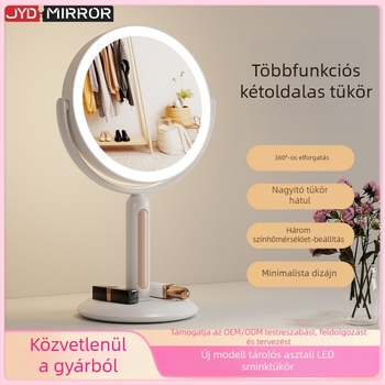 Asztali LED sminktükör, 10X/12X nagyítás, kétoldalas, kör alakú, forgatható