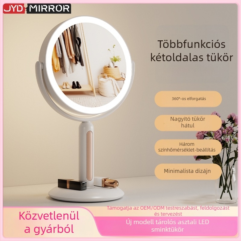 Asztali LED sminktükör, 10X/12X nagyítás, kétoldalas, kör alakú, forgatható
