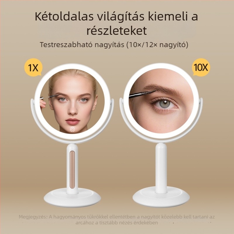 Asztali LED sminktükör, 10X/12X nagyítás, kétoldalas, kör alakú, forgatható
