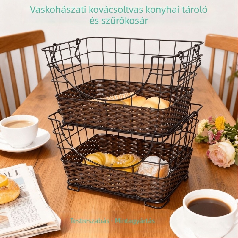 Kovácsoltvas konyhai tárolókosár, zöldségek leeresztő kosara, több szintes rendszerező, imitált rattan mintázatú kosár
