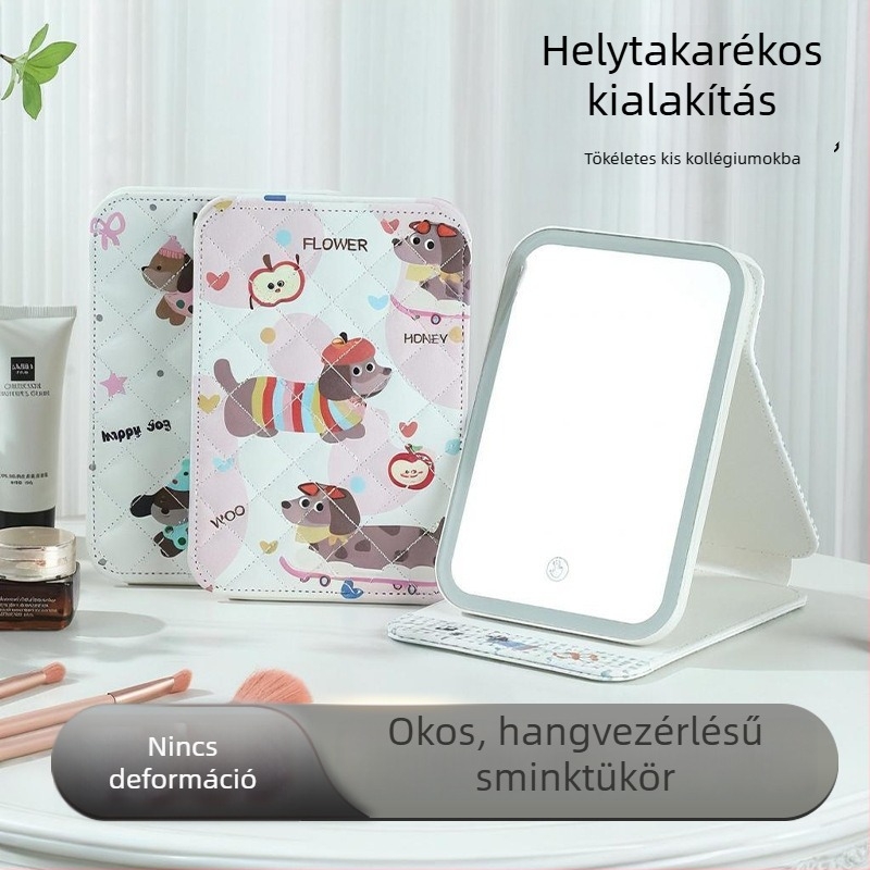 Hangvezetérl sminktükör LED világítással, asztali, összecsukható, hordozható
