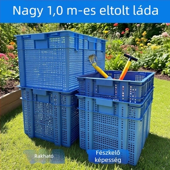 1 m-es nagy műanyag tárolókosár kerékkel, téglalap alakú, egymásra rakható, vastagított kerettel