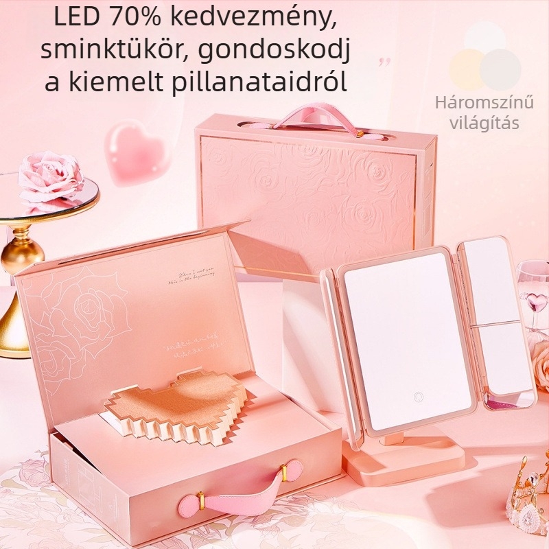 Kagyló alakú LED-es összecsukható sminktükör ajándékdobozban – Valentin-napi ajándék barátnőnek, feleségnek vagy legjobb barátnőnek