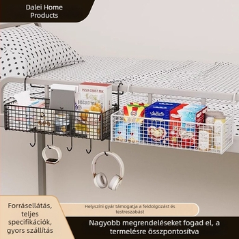 Fali ágy melletti tárolókosár – vasból, fekete-fehér, szerelés fúrás nélkül