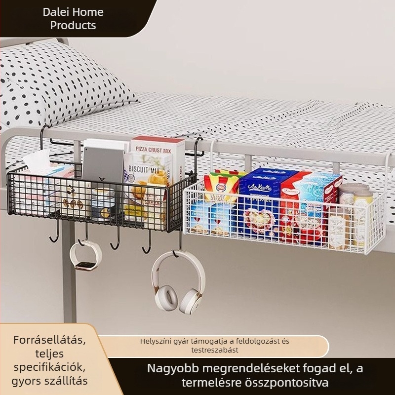 Fali ágy melletti tárolókosár – vasból, fekete-fehér, szerelés fúrás nélkül