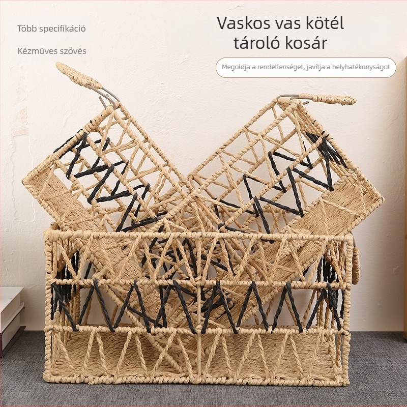 Személyre szabott, modern, minimalist kovácsoltvas kötél tárolókosár az asztalhoz, könyvek és magazinok számára