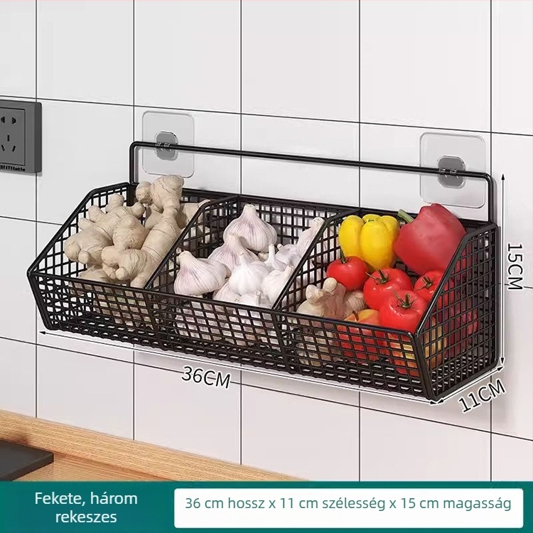 Gyömbér és fokhagyma függő kosár - falra szerelhető konyhai tároló, fúrás nélkül