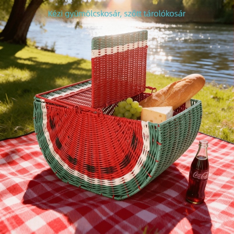 Hordozható gyümölcskosár imitált rattan fonással, dinnyés motívummal, méretei 40.5×30×24 cm, citromsárga