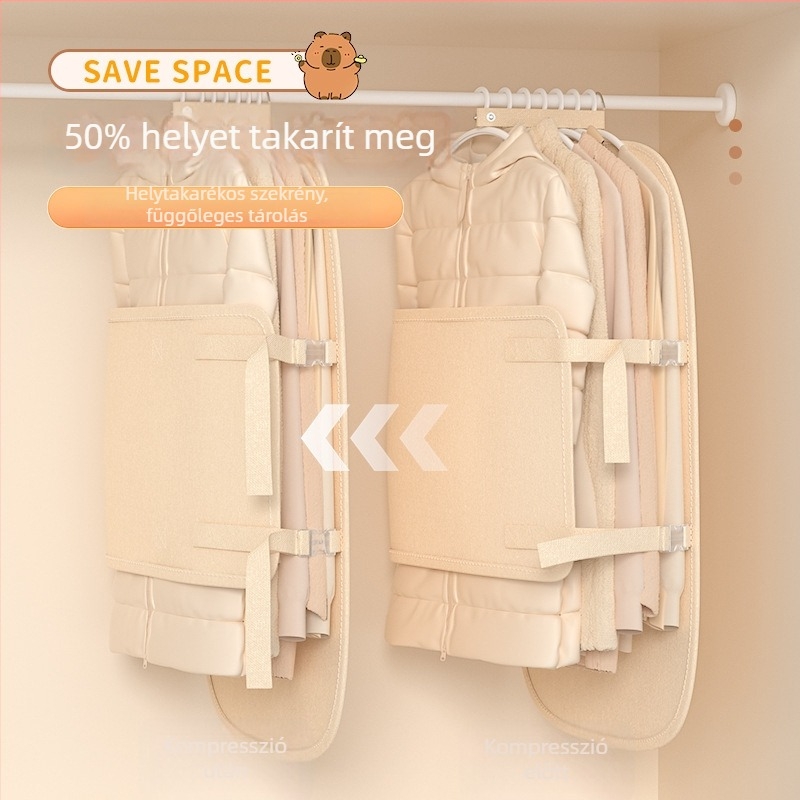 Ruhákhoz tömörítő tárolópanel porvédő huzattal, összecsukható textil tároló táska pehelykabátokra