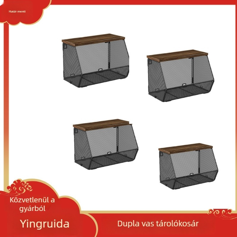 Kétszintes kovácsoltvas hajlékony tároló, falra szerelhető, konyhai kellékek, kozmetikumok és gyümölcsök számára