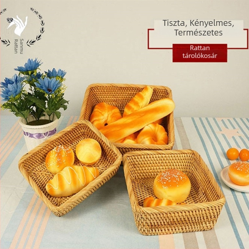 Kézzel szőtt rattan tárolókosár gyümölcsök és nassolnivalók számára, négyzetes alakú, piknikhez