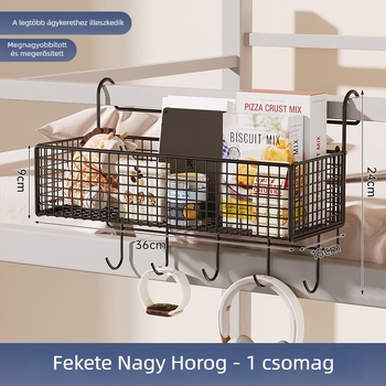 Ágy melletti tároló állvány felső emeletes ágyhoz, függő kosárral, vas keretben
