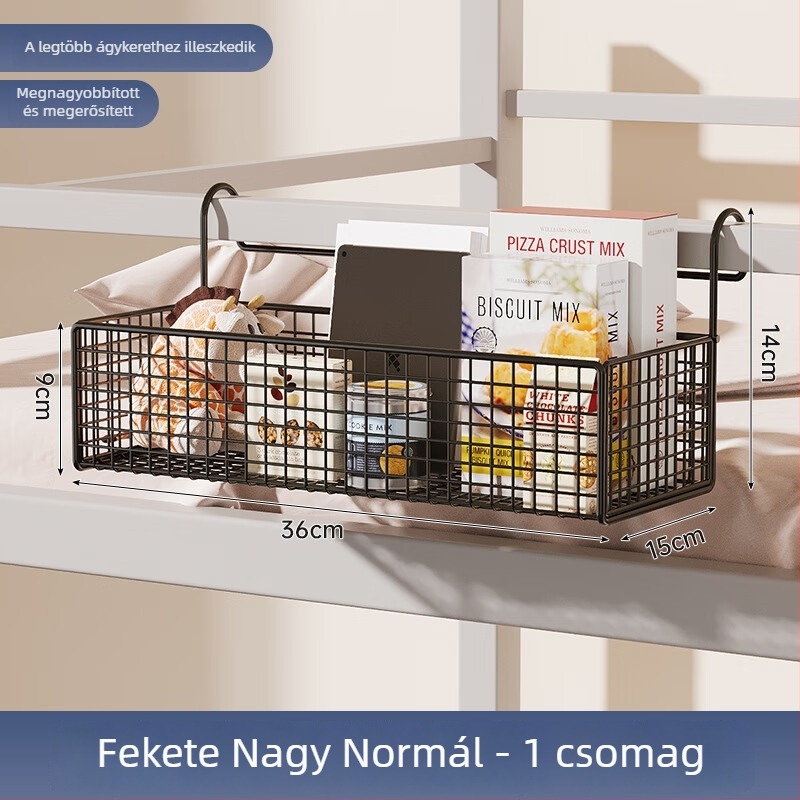 Ágy melletti tároló állvány felső emeletes ágyhoz, függő kosárral, vas keretben