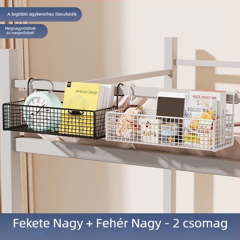 Ágy melletti tároló állvány felső emeletes ágyhoz, függő kosárral, vas keretben