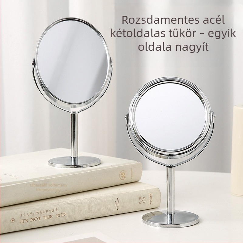 Kétoldalas sminktükör, mini asztali, kör alakú, forgatható, ovális hercegnő-stílus