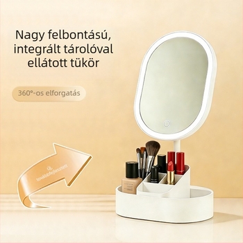 LED sminktükör világítással, asztali, egyoldalas forgatható, tárolóval