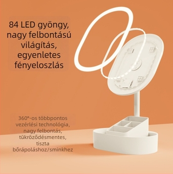 LED sminktükör világítással, asztali, egyoldalas forgatható, tárolóval