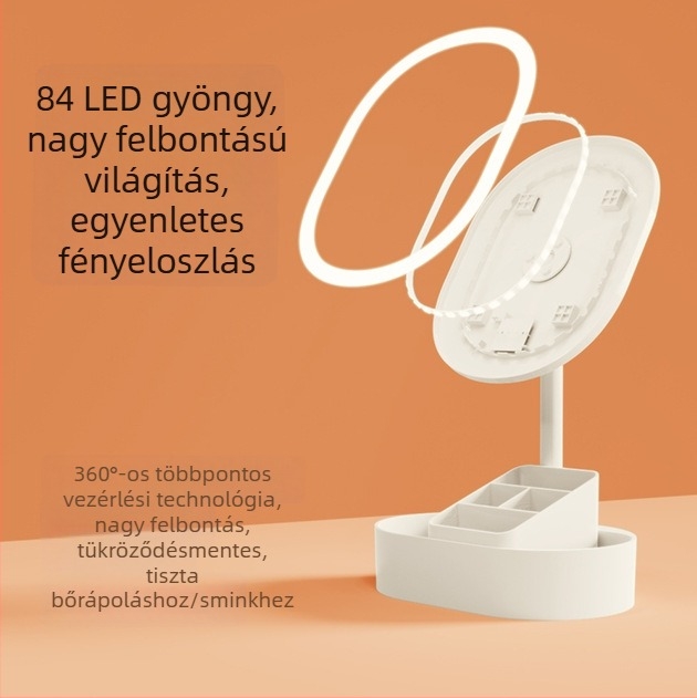 LED sminktükör világítással, asztali, egyoldalas forgatható, tárolóval