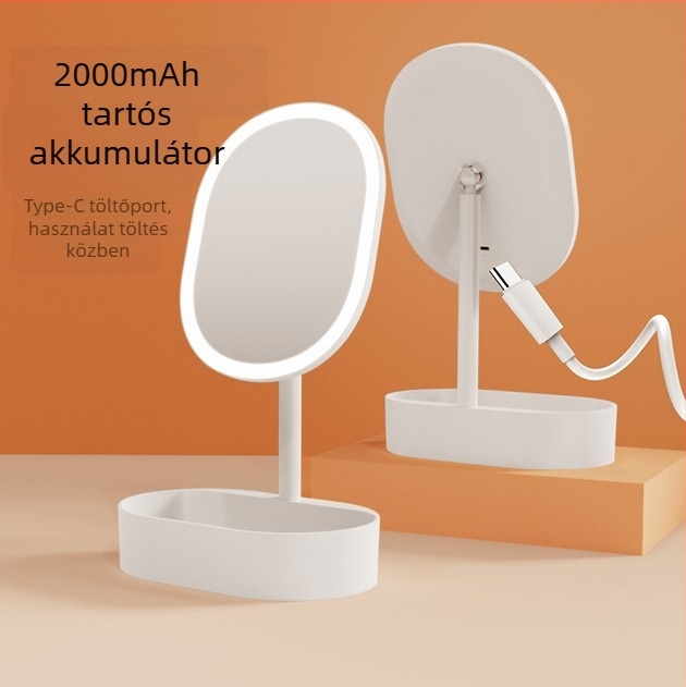 LED sminktükör világítással, asztali, egyoldalas forgatható, tárolóval