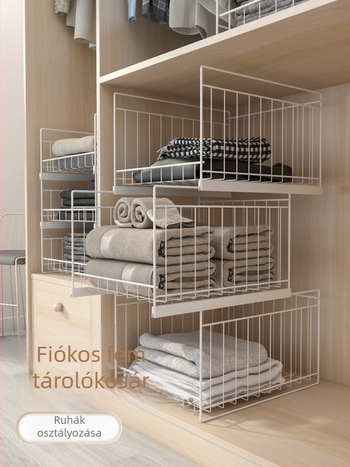 Hat szintes gardrób húzható fiókokkal, rétegezett polcokkal, szénacél konstrukció
