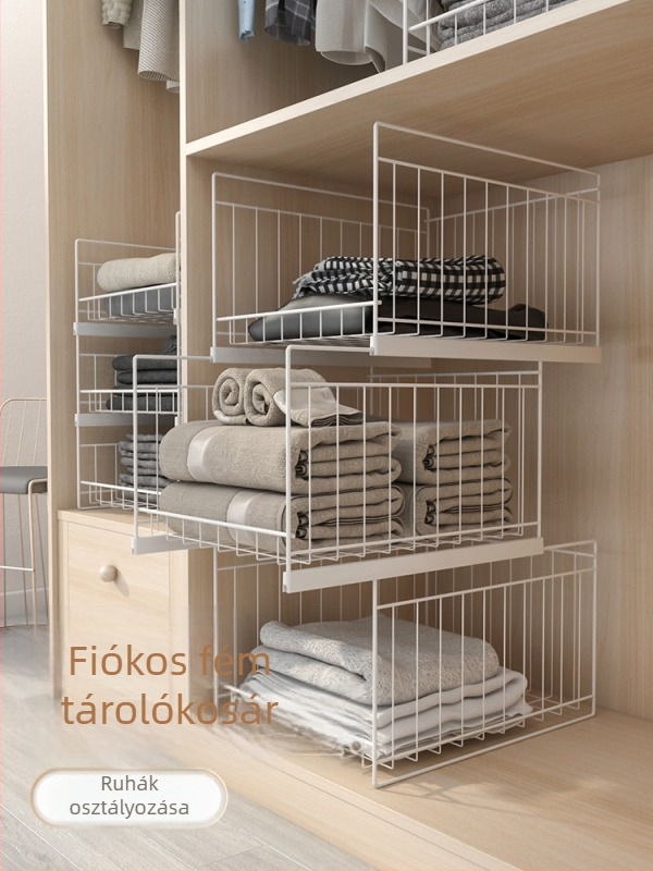 Hat szintes gardrób húzható fiókokkal, rétegezett polcokkal, szénacél konstrukció